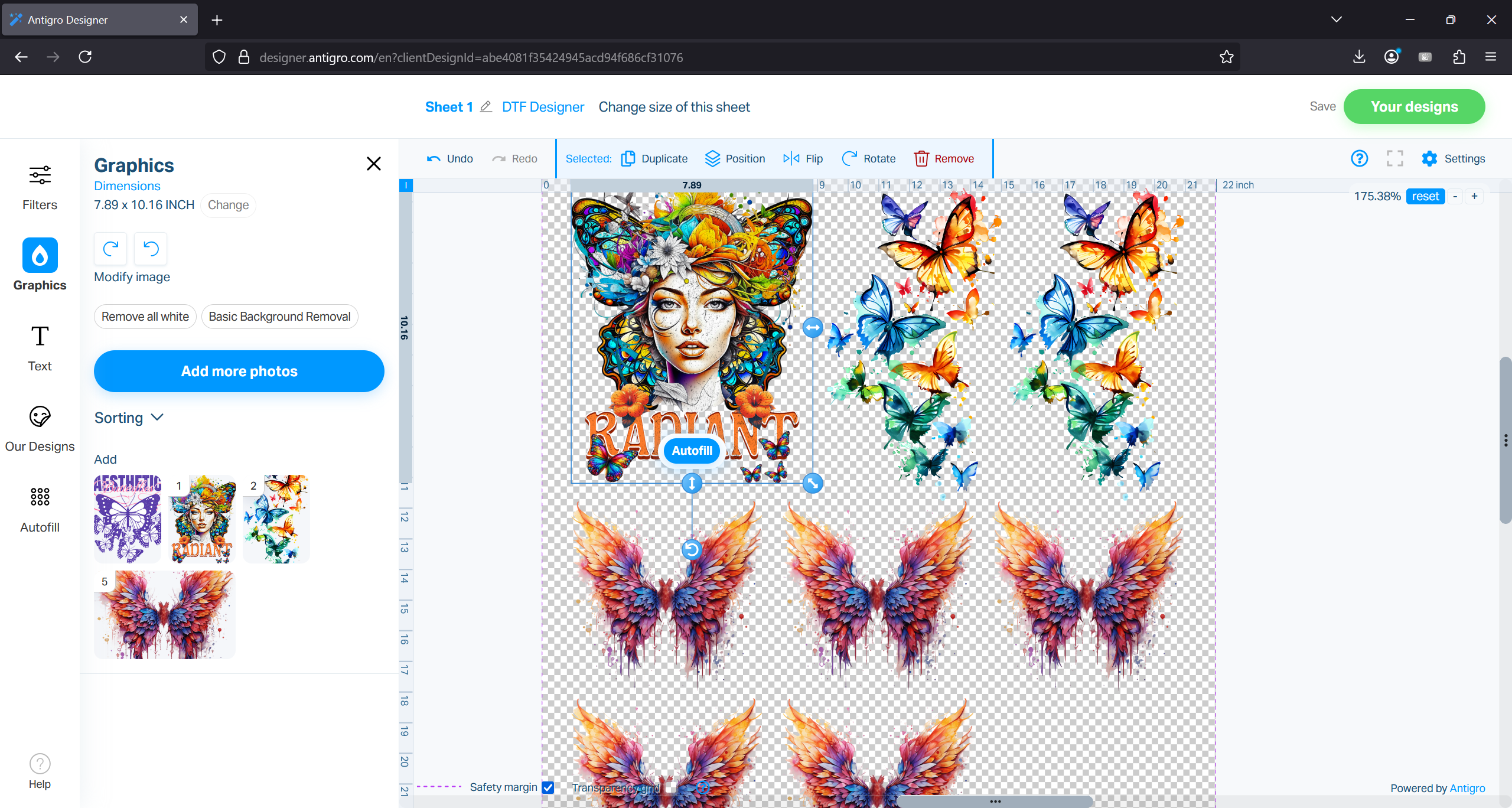 A high-resolution DTF gang sheet layout with multiple colorful designs, showing correct spacing for easy cutting and the final Ghost Peel instant hot peel result.
