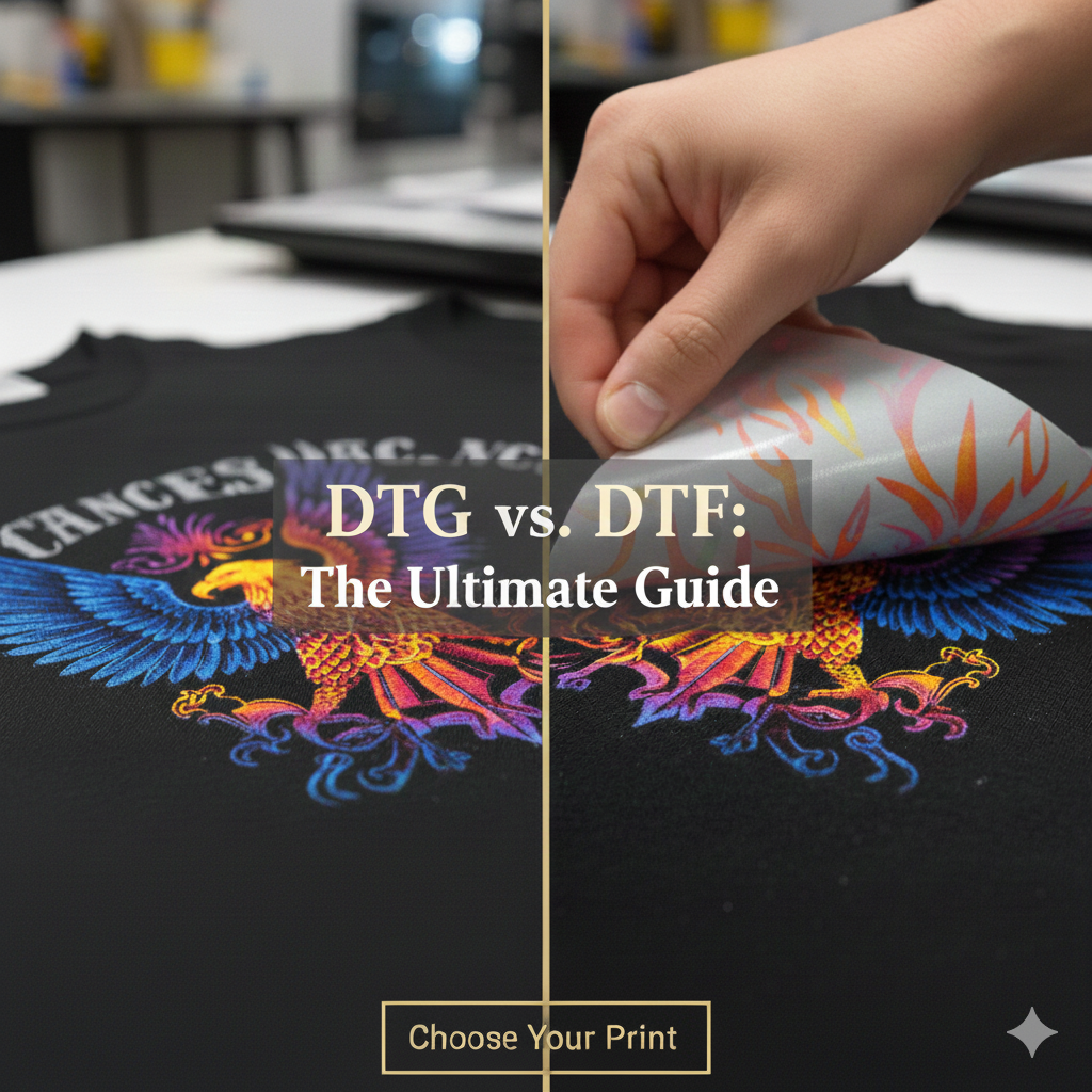 Side-by-side comparison of DTG vs DTF printing on black cotton t-shirts at Ink Nest Dallas, showing the soft ink absorption of DTG versus the vibrant, durable finish of a DTF transfer.