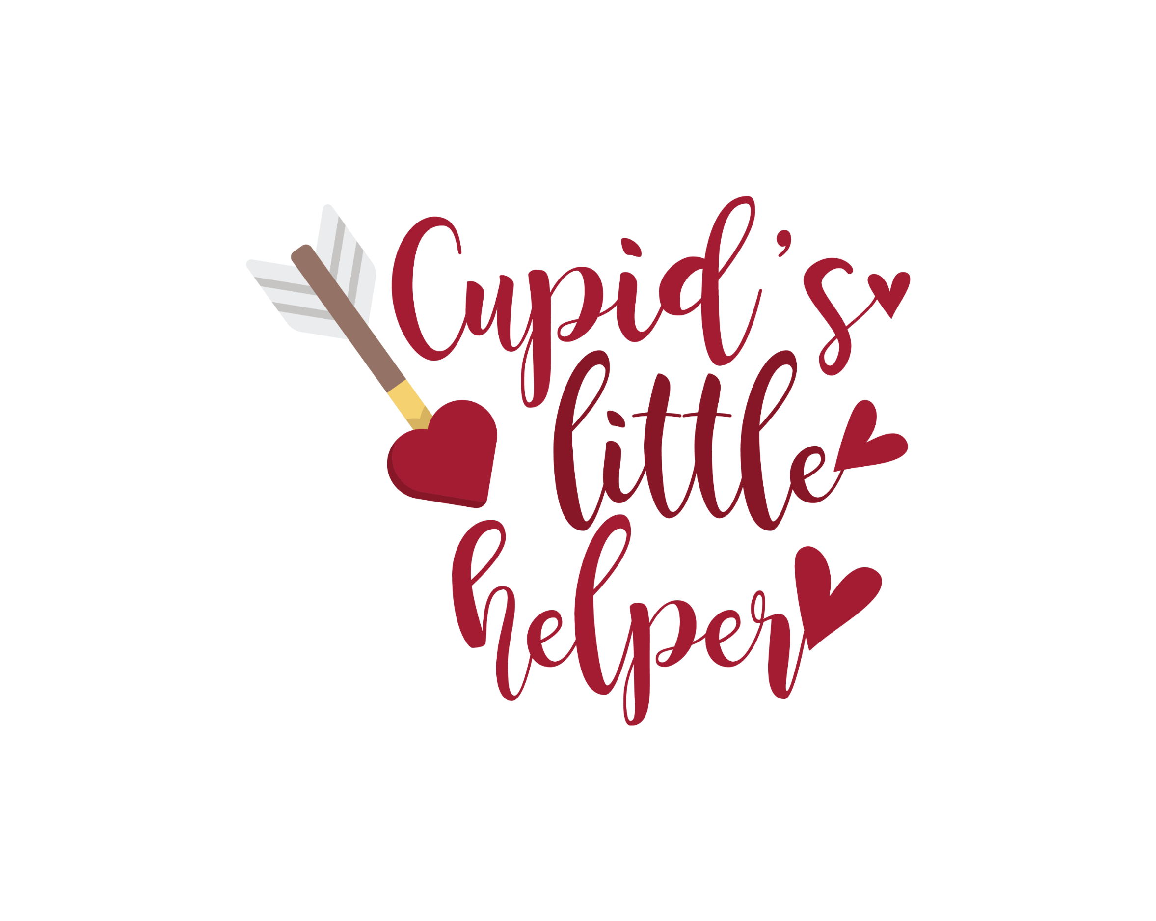 Valentine DTF transfer featuring the phrase Cupid's Little Helper in dark red cursive script with a heart-tipped arrow and several floating red hearts