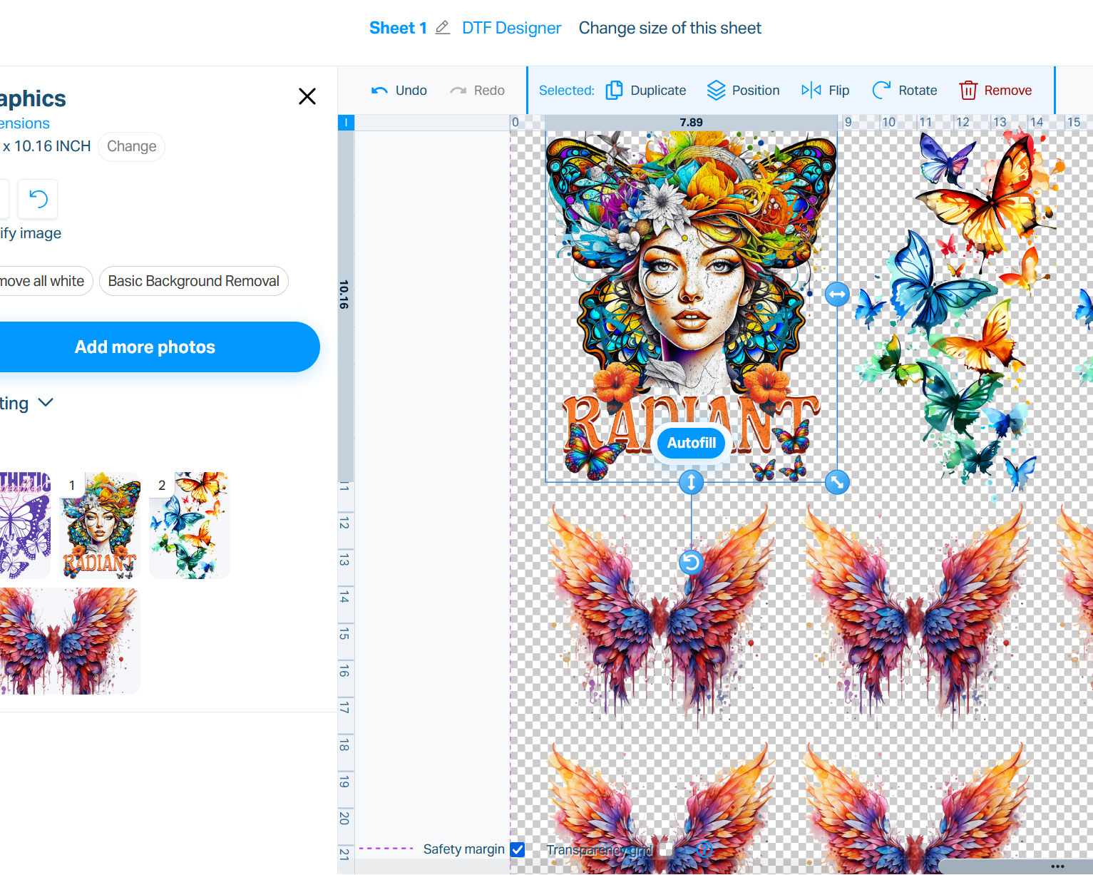 A high-resolution DTF gang sheet layout with multiple colorful designs, showing correct spacing for easy cutting and the final Ghost Peel instant hot peel result.
