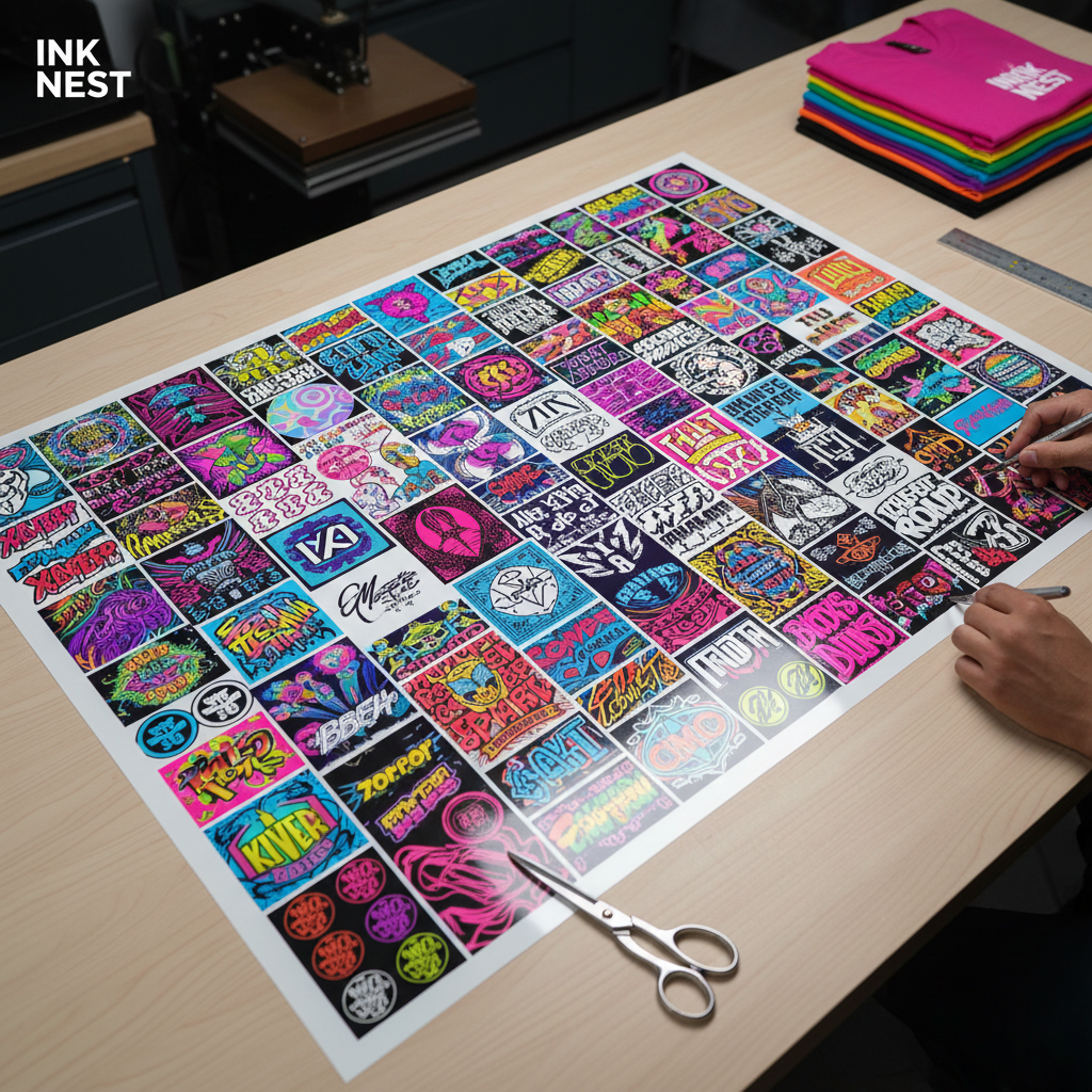 A large, colorful DTF gang sheet laid out on a table, ready for cutting and pressing, showing multiple designs optimized for space efficiency.