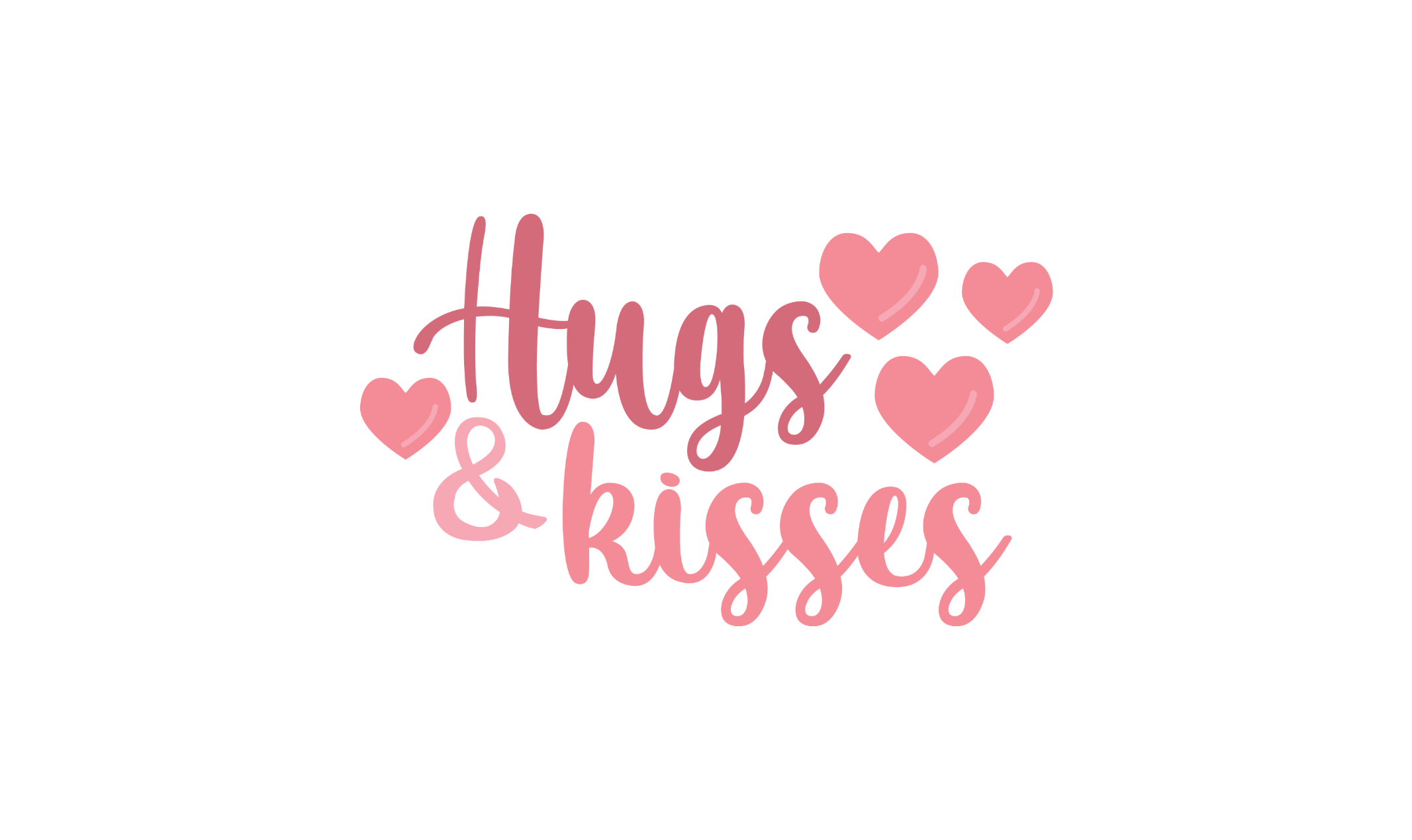 Valentine DTF transfer with pink cursive script saying Hugs & Kisses surrounded by four pink heart illustrations for custom holiday t-shirts