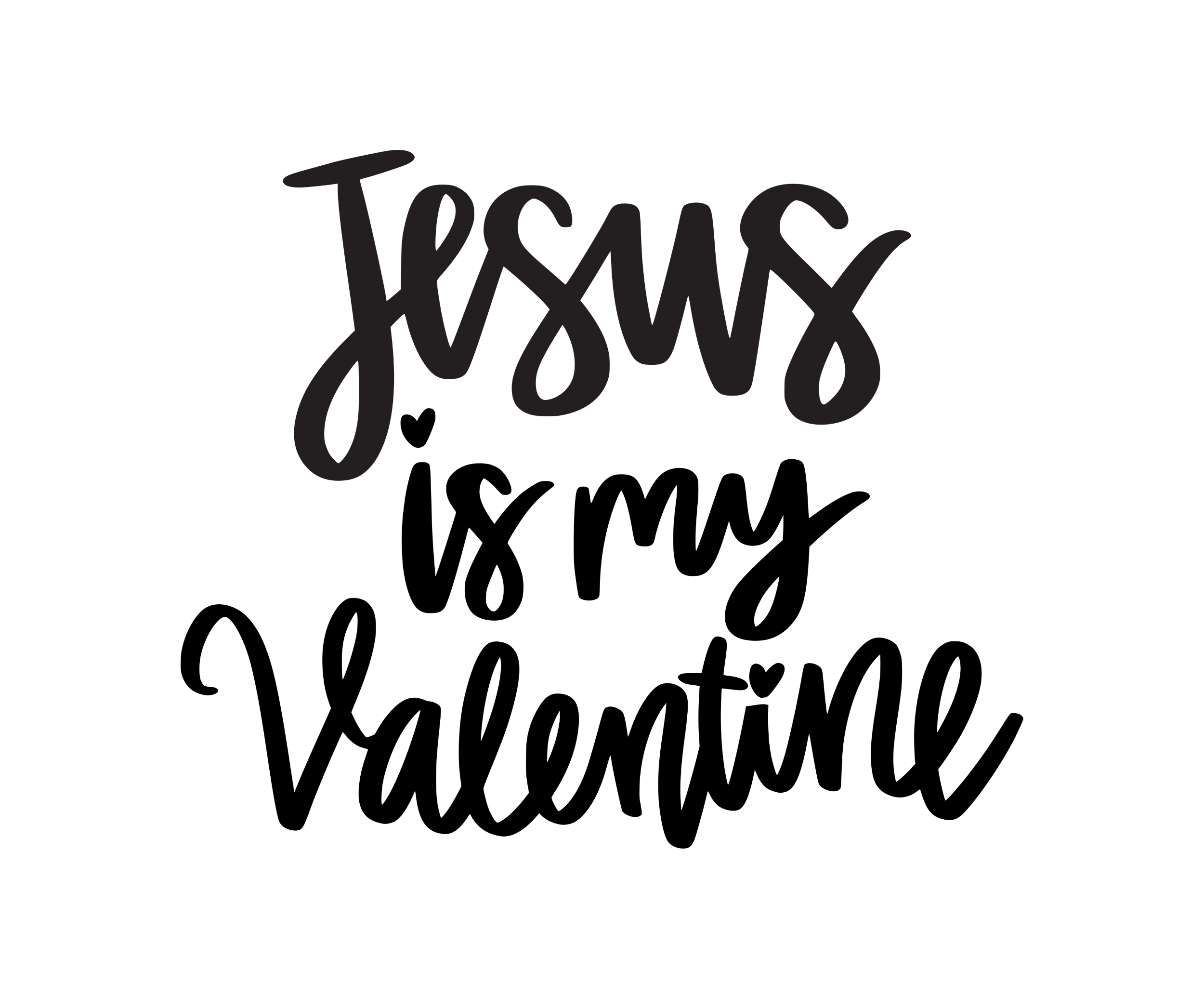 Christian Valentine DTF transfer with black cursive script saying Jesus is My Valentine with small heart accents for religious holiday t-shirts