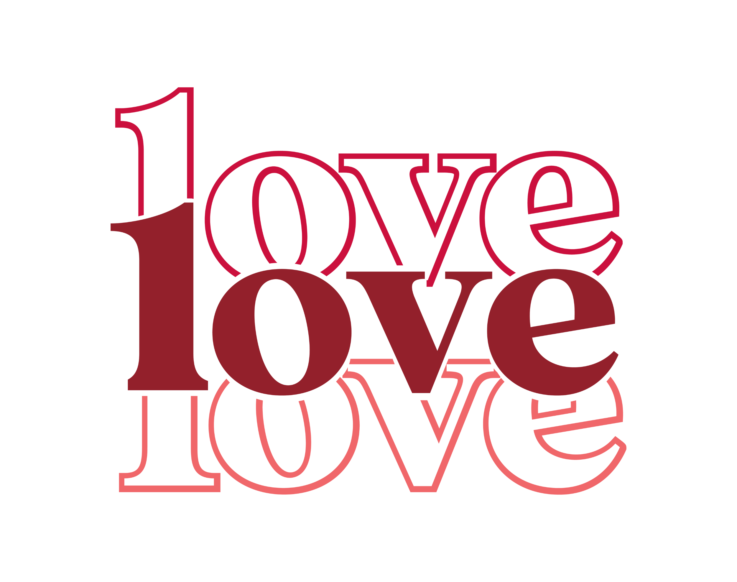 Valentine DTF transfer featuring modern layered typography of the word Love in various shades of red and pink for custom holiday t-shirts