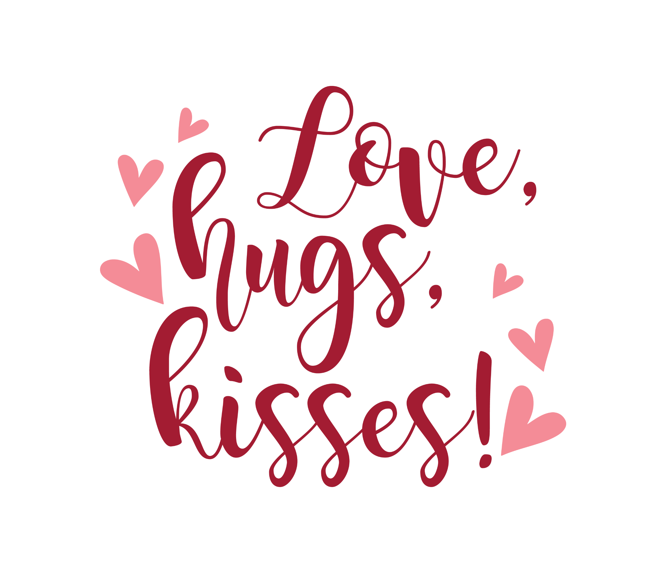 Valentine DTF transfer featuring the phrase Love, Hugs, Kisses! in dark red cursive script surrounded by several small pink hearts
