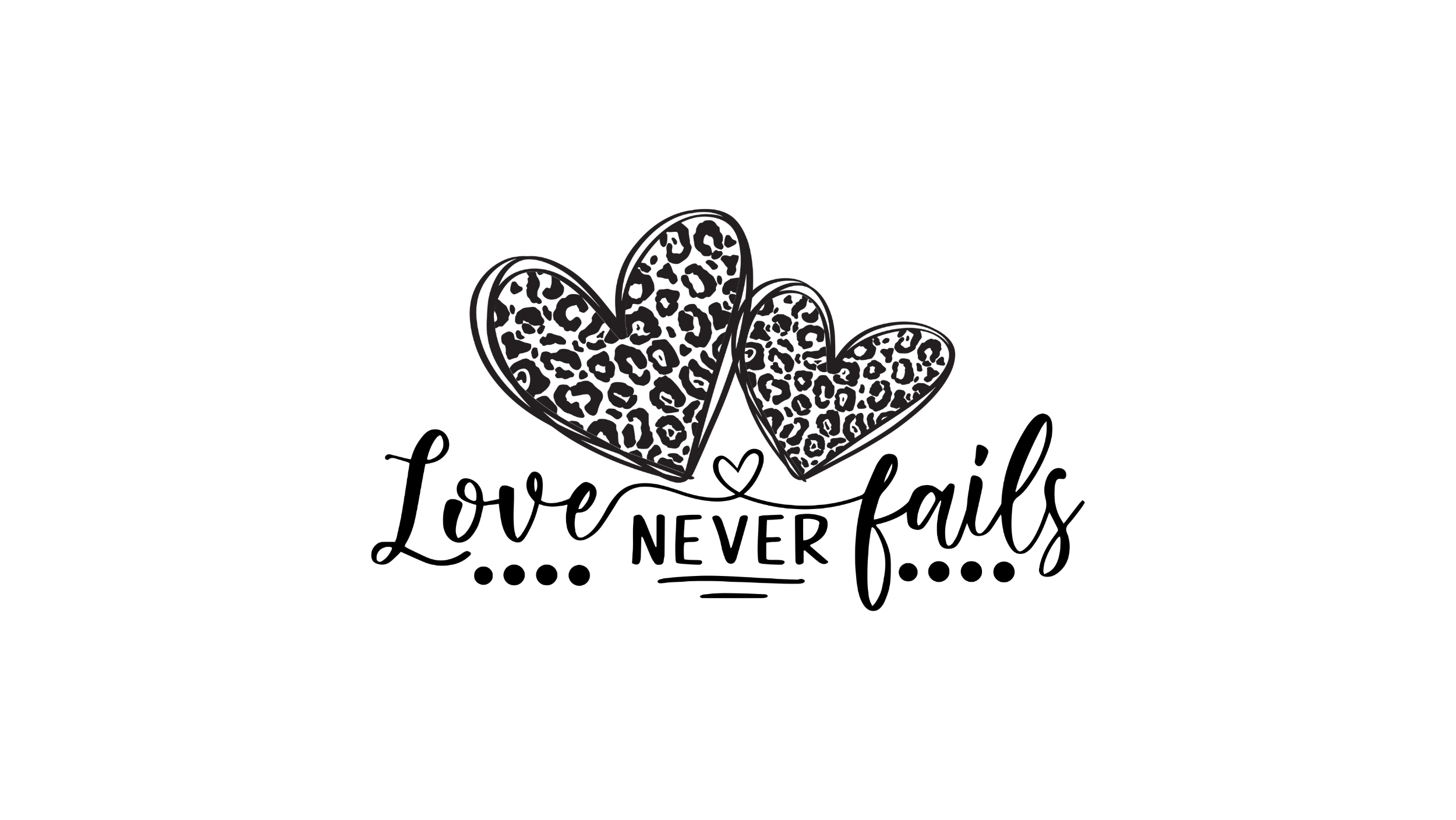 Christian Valentine DTF transfer featuring two leopard print patterned hearts with Love Never Fails cursive script and decorative dots for custom apparel