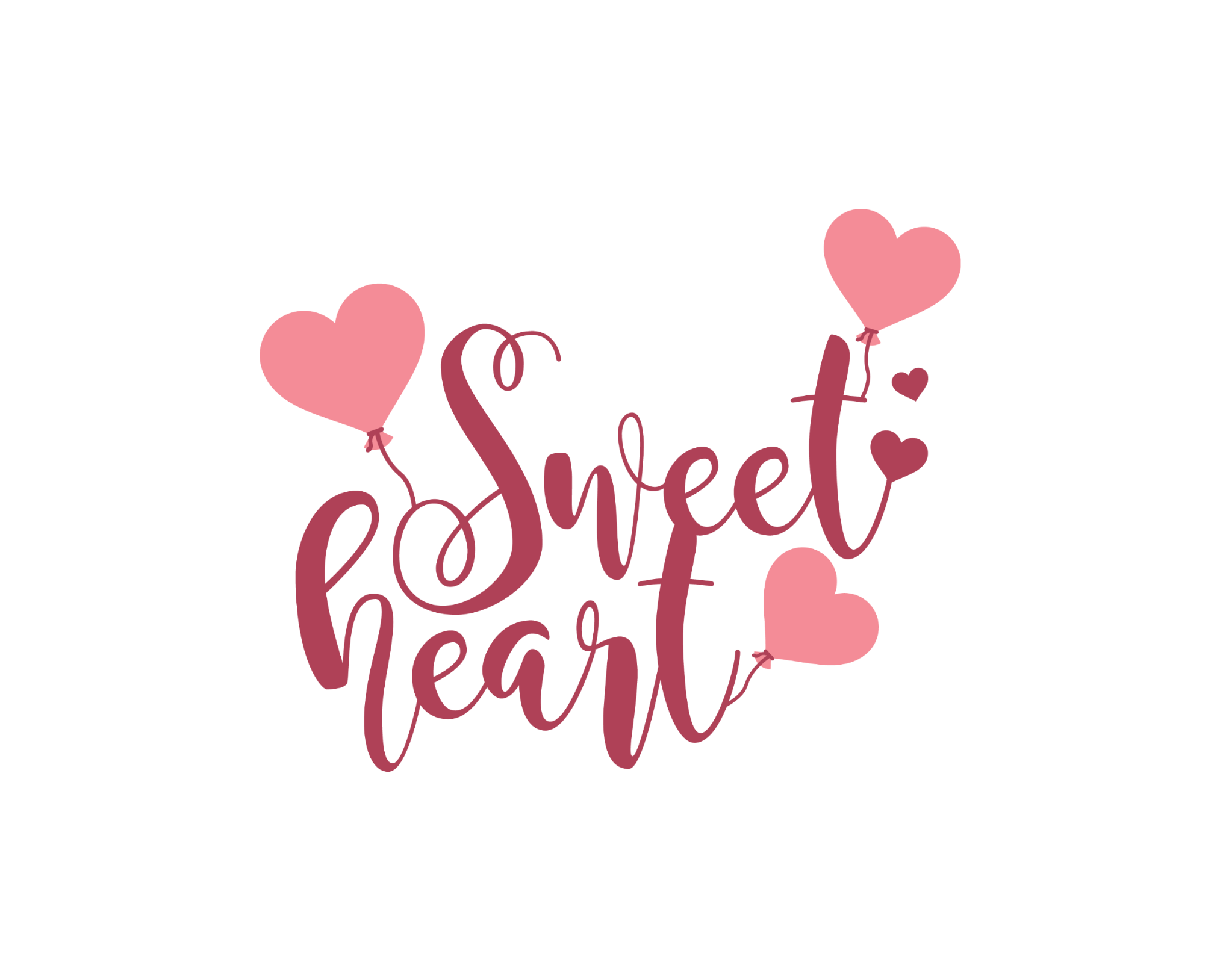 Valentine DTF transfer featuring the word Sweetheart in dark pink cursive script with three pink heart-shaped balloons and small floating hearts for custom apparel