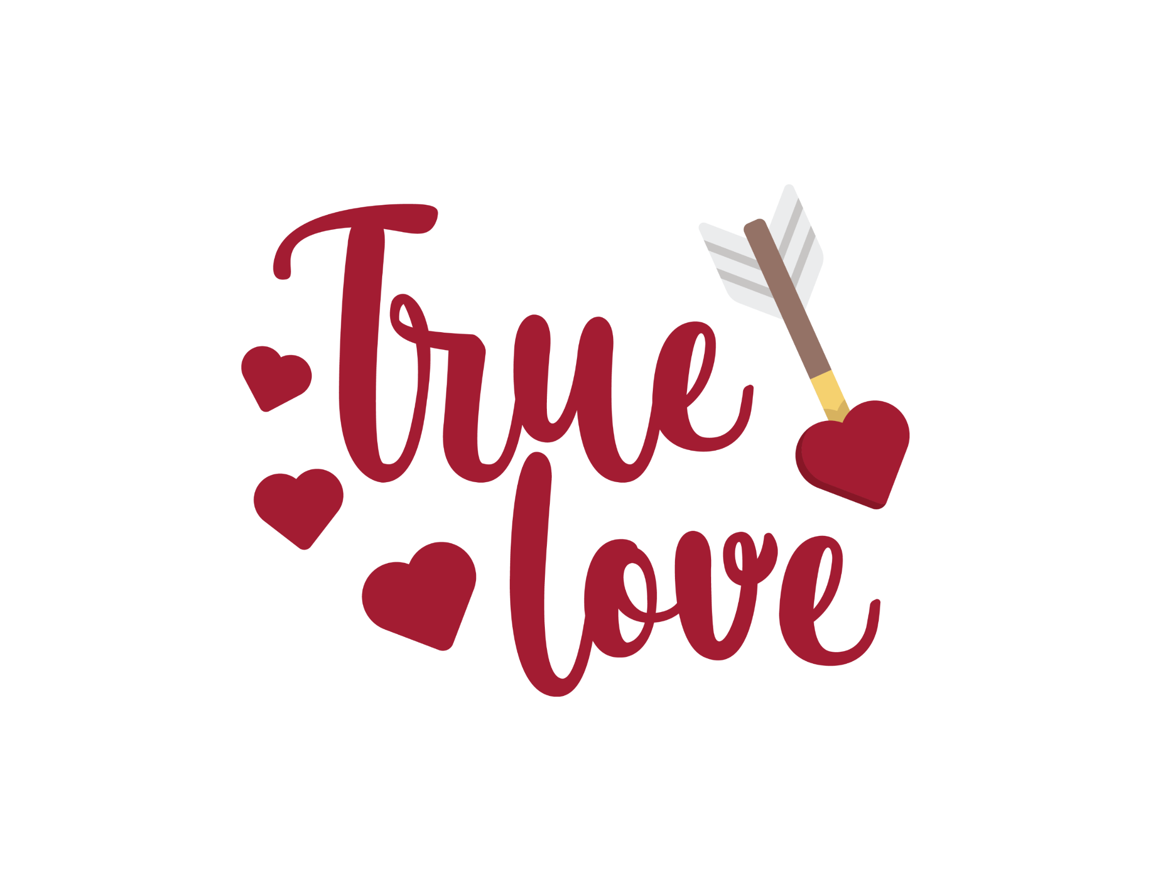 Valentine DTF transfer featuring dark red cursive script saying True Love with a heart-tipped Cupid's arrow and three floating red hearts for custom holiday t-shirts