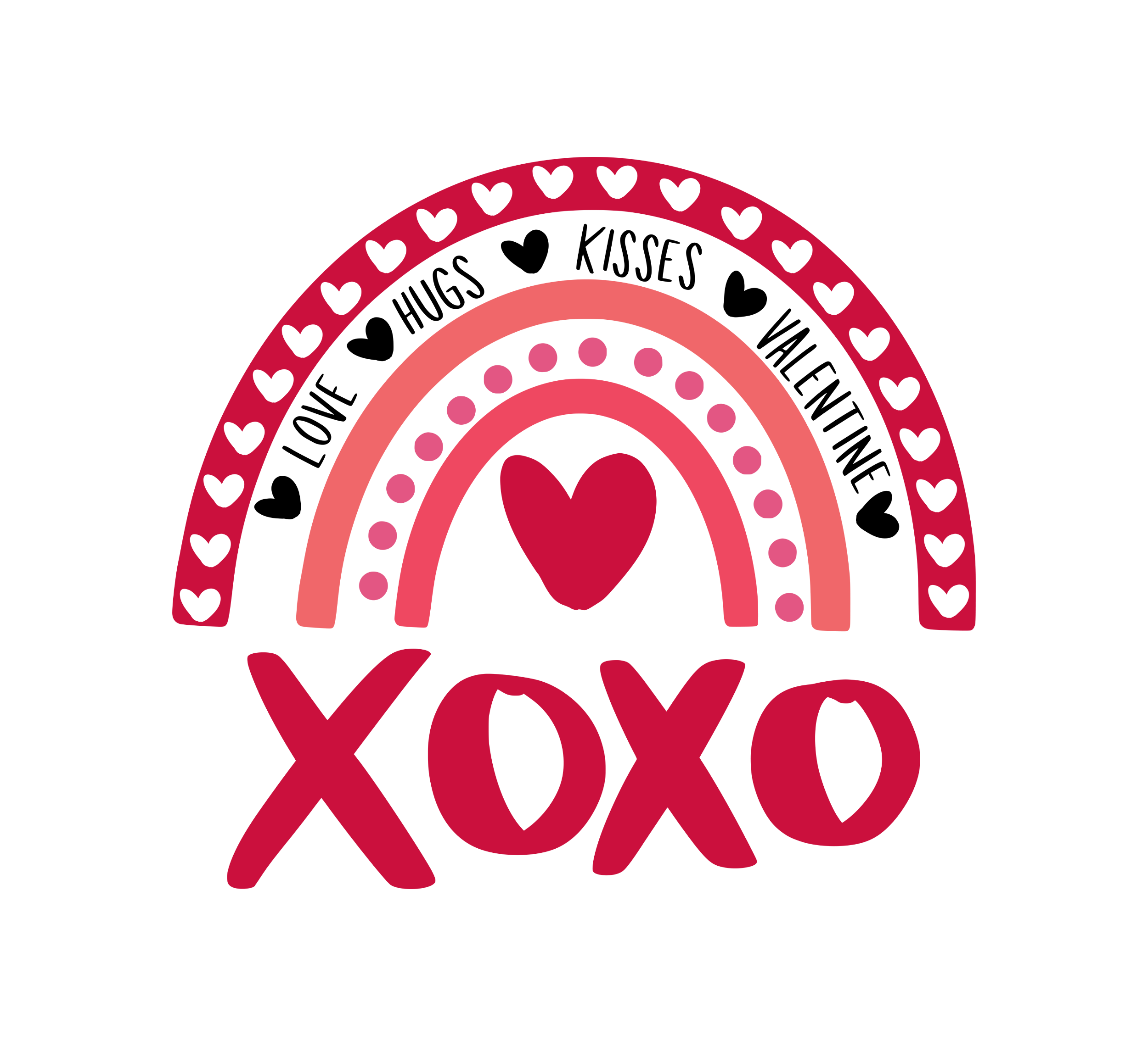 Boho Valentine rainbow DTF transfer in pink and red with hearts and text saying Love Hugs Kisses Valentine and large XOXO for custom holiday t-shirts