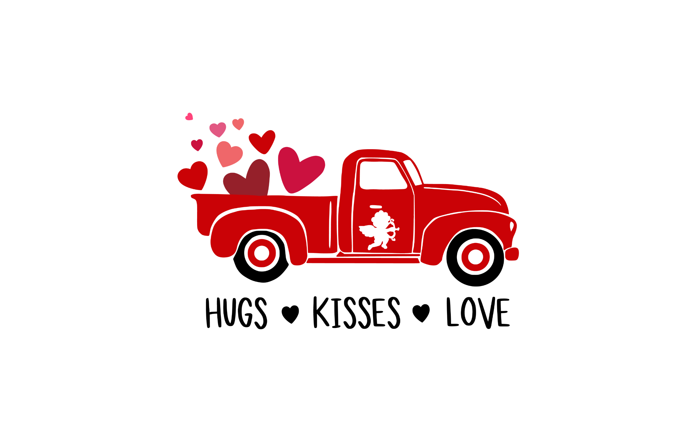 Red vintage truck DTF transfer with a black Cupid silhouette on the door and pink and red hearts flying out of the truck bed for custom Valentine apparel