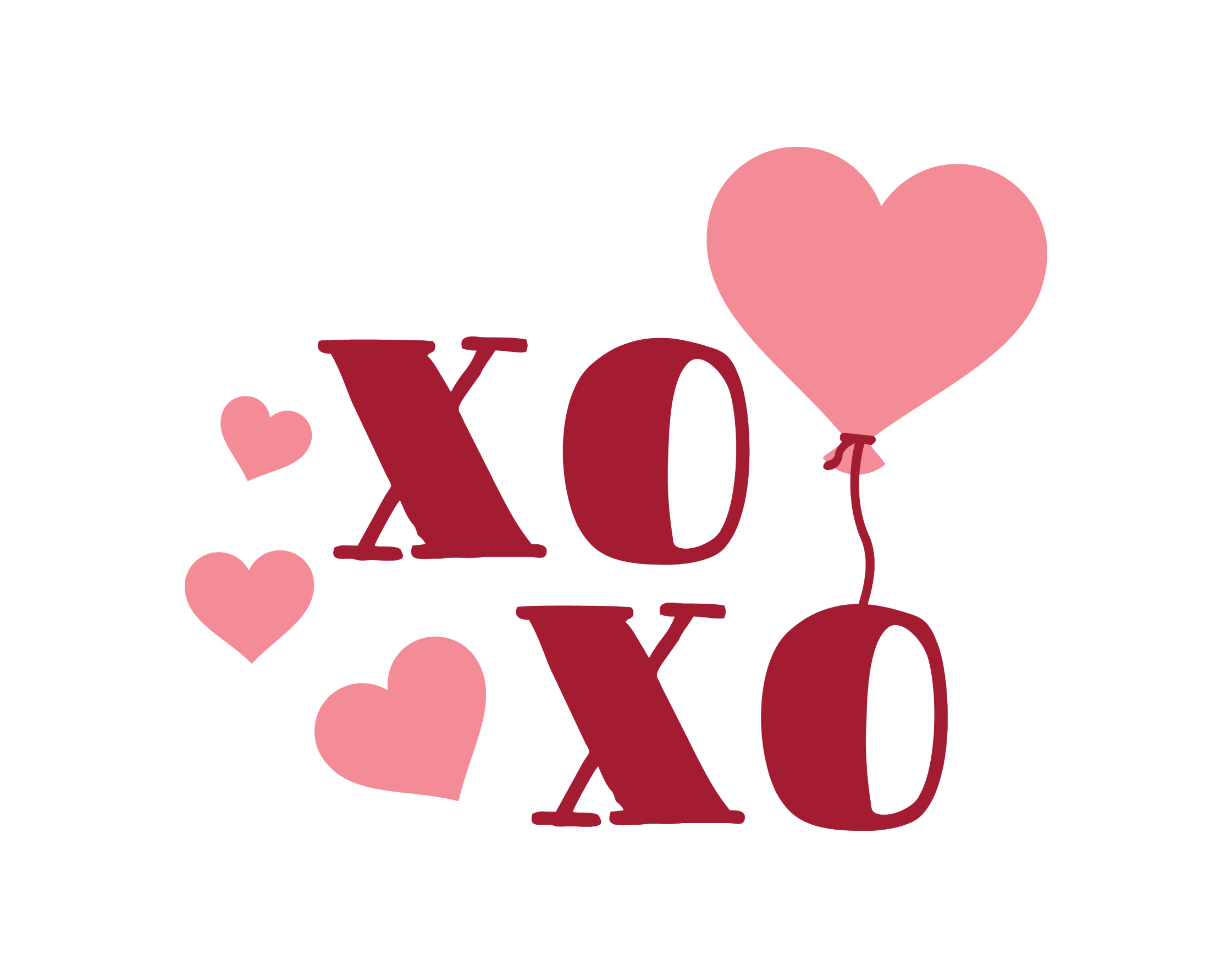Valentine DTF transfer featuring bold red XOXO typography with a pink heart-shaped balloon and floating small pink hearts for custom holiday t-shirts